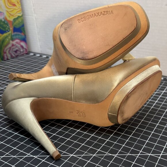 Gold Satin High Heels With Bow Detail & Leather Sole BCBGMaxAzria Size 9 - Picture 7 of 8